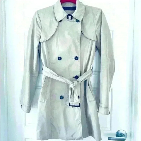ZARA BEIGE DOUBLE BREAST TRENCH NYLON WATERPROOF  COAT SIZE XS - Picture 1 of 15